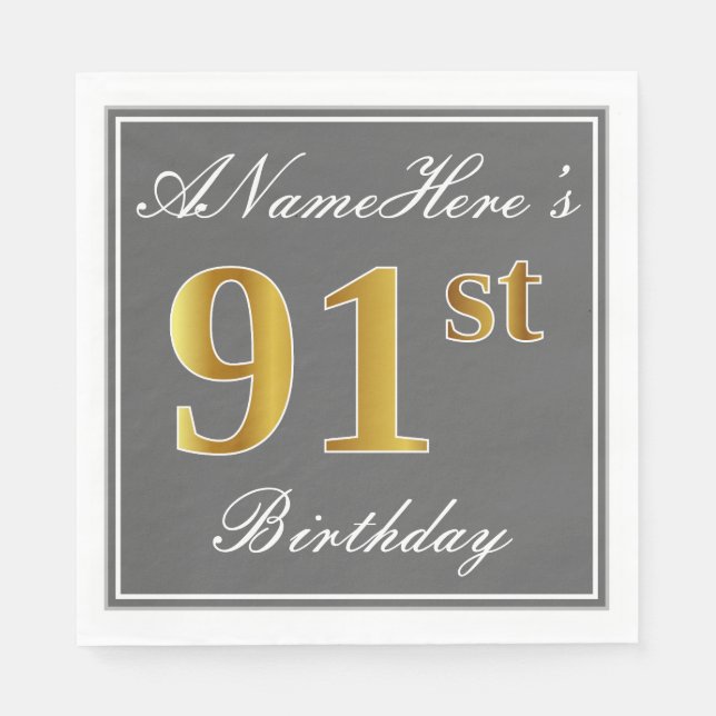 Elegant Grey, Faux Gold 91st Birthday; Custom Name Napkin (Front)