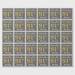 Elegant, Grey, Faux Gold 91st Birthday + Name Wrapping Paper