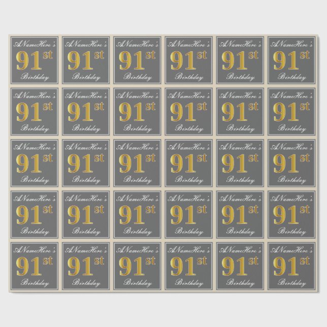 Elegant, Grey, Faux Gold 91st Birthday + Name Wrapping Paper (Flat)