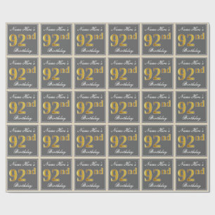 Elegant, Grey, Faux Gold 92nd Birthday + Name Wrapping Paper