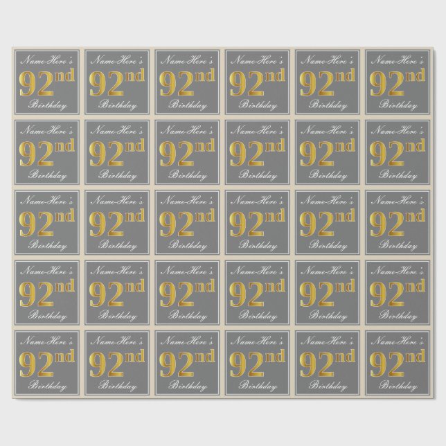 Elegant, Grey, Faux Gold 92nd Birthday + Name Wrapping Paper (Flat)
