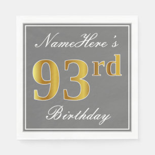Elegant Grey, Faux Gold 93rd Birthday; Custom Name Napkin
