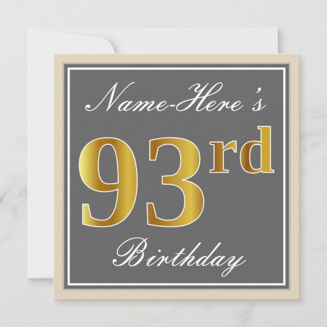Elegant, Grey, Faux Gold 93rd Birthday + Name Invitation (Front)