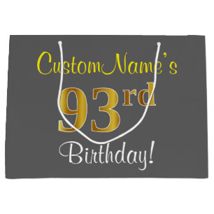 Elegant, Grey, Faux Gold 93rd Birthday + Name Large Gift Bag