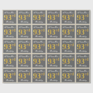 Elegant, Grey, Faux Gold 93rd Birthday + Name Wrapping Paper