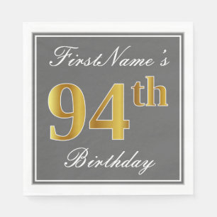 Elegant Grey, Faux Gold 94th Birthday; Custom Name Napkin