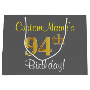 Elegant, Grey, Faux Gold 94th Birthday + Name Large Gift Bag
