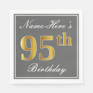 Elegant Grey, Faux Gold 95th Birthday; Custom Name Napkin