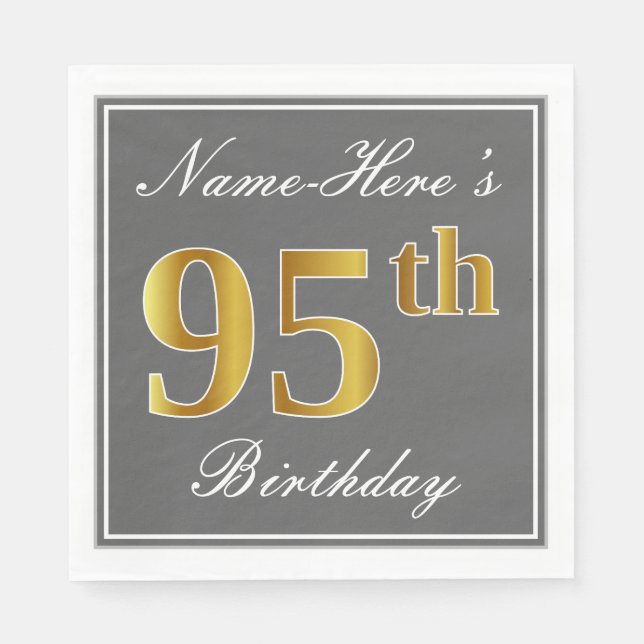 Elegant Grey, Faux Gold 95th Birthday; Custom Name Napkin (Front)
