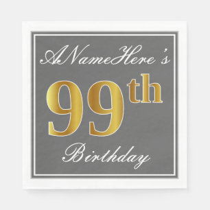 Elegant Grey, Faux Gold 99th Birthday; Custom Name Napkin