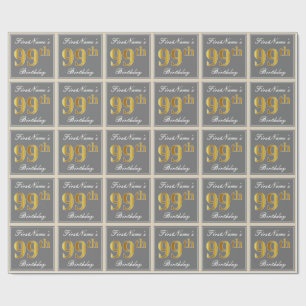 Elegant, Grey, Faux Gold 99th Birthday + Name Wrapping Paper