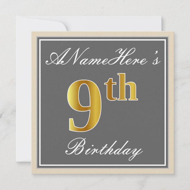 Elegant, Grey, Faux Gold 9th Birthday; Custom Name Invitation (Front)