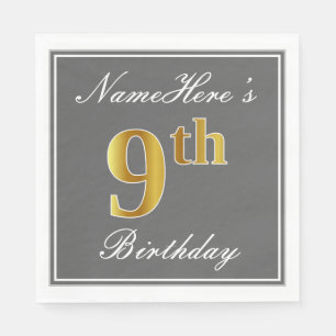 Elegant Grey, Faux Gold 9th Birthday + Custom Name Napkin