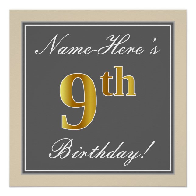 Elegant, Grey, Faux Gold 9th Birthday; Custom Name Poster (Front)