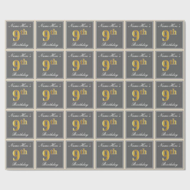 Elegant, Grey, Faux Gold 9th Birthday; Custom Name Wrapping Paper (Flat)