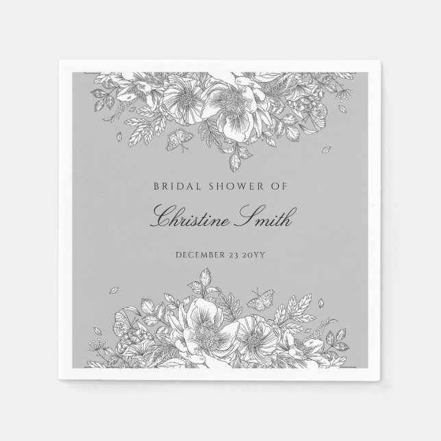 Elegant Grey Floral Bridal Shower Napkins (Front)