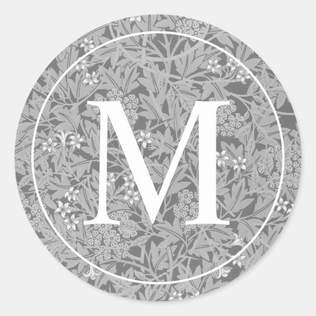 Elegant Grey Floral Monogram Classic Round Sticker (Front)