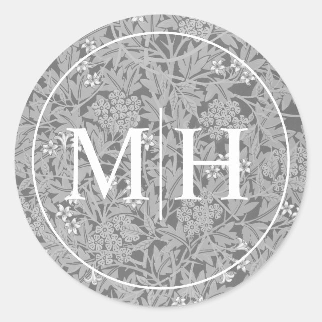 Elegant Grey Floral Monogram Wedding Classic Round Sticker (Front)