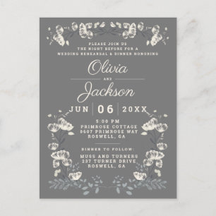 Elegant grey floral postcard rehearsal dinner