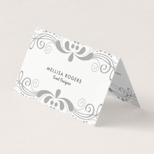 Elegant Grey Floral Swirls Lace Business Card (Front)