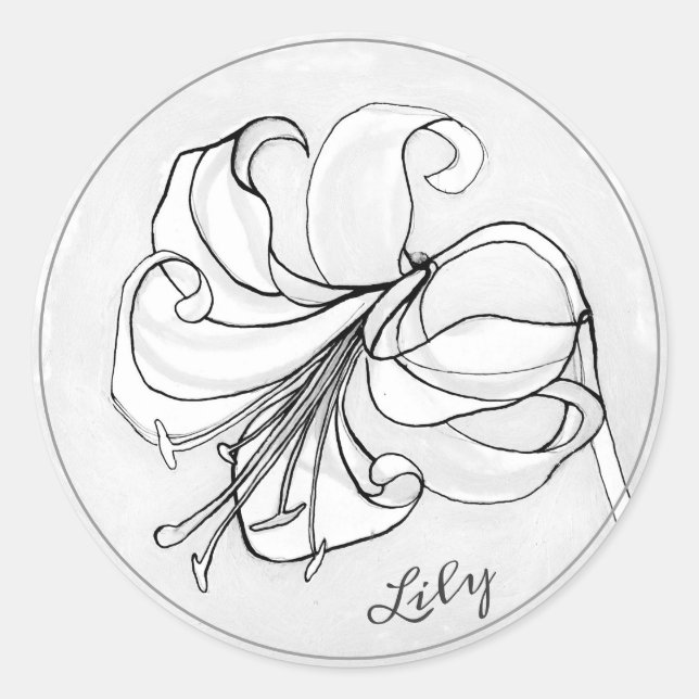 Elegant Grey Floral Template with Name • Lily Art Classic Round Sticker (Front)
