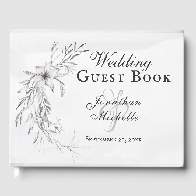 Elegant Grey Floral Watercolor Christian Wedding Guest Book (Front)