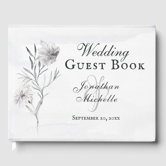 Elegant Grey Floral Watercolor Christian Wedding Guest Book (Front)