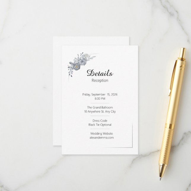 Elegant Grey Floral Wedding Details Enclosure Card (Front/Back In Situ)