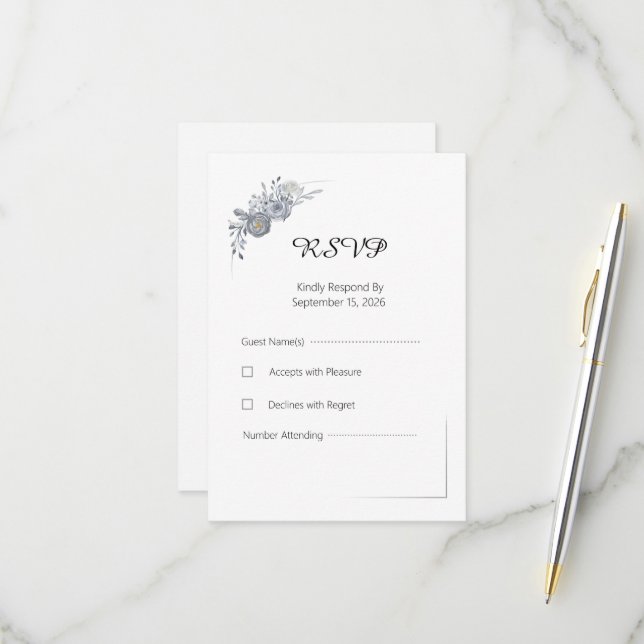 Elegant Grey Floral Wedding RSVP Response Card (Front/Back In Situ)