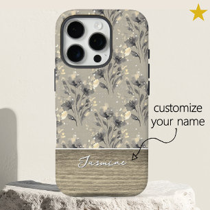 Elegant Grey Floral Wood Grain Custom Name iPhone 16 Pro Case