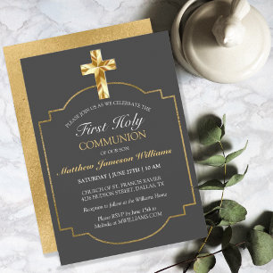 Elegant Grey Gold 1st Holy Communion Invitation