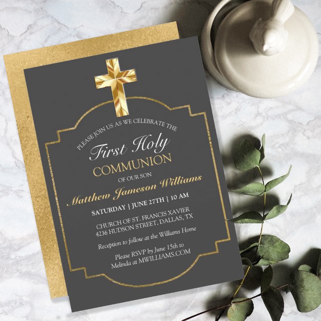 Elegant Grey Gold 1st Holy Communion Invitation (Creator Uploaded)