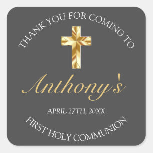 Elegant Grey Gold Cross 1st Communion Square Sticker