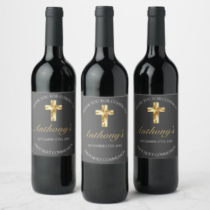 Elegant Grey Gold Cross 1st Communion Wine Label