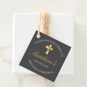 Elegant Grey Gold Cross First Communion Favour Tags