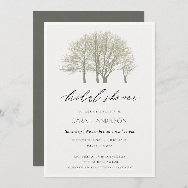 ELEGANT GREY GOLD FALL AUTUMN TREES  BRIDAL SHOWER INVITATION (Front/Back)