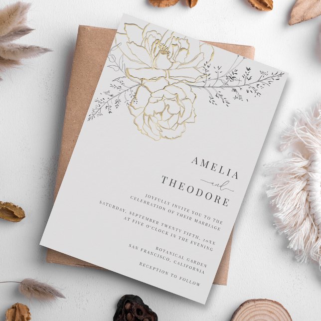 Elegant Grey Gold Floral Wedding Invitation (Creator Uploaded)