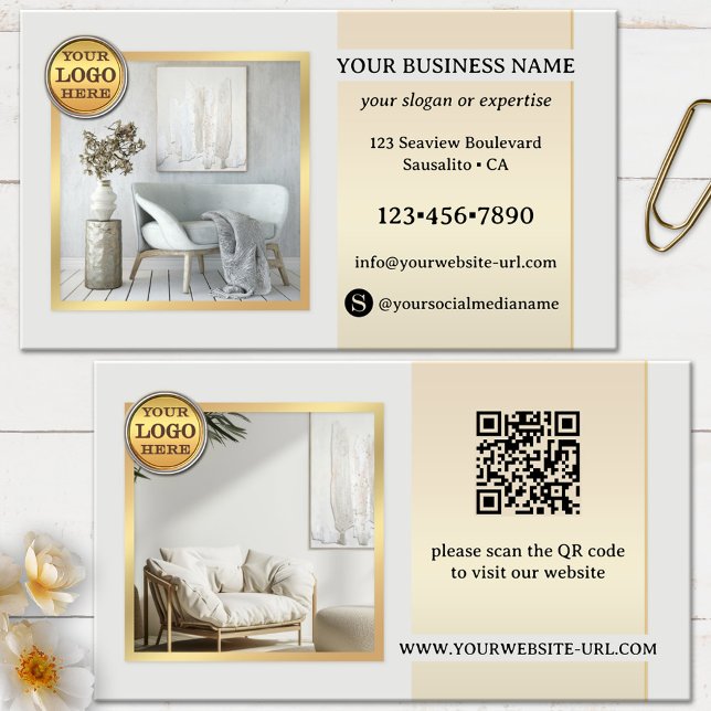 Elegant Grey Gold Furniture or Interior Design Business Card (Business card featuring your photos on an elegant simple design in light grey and gold - home decor)
