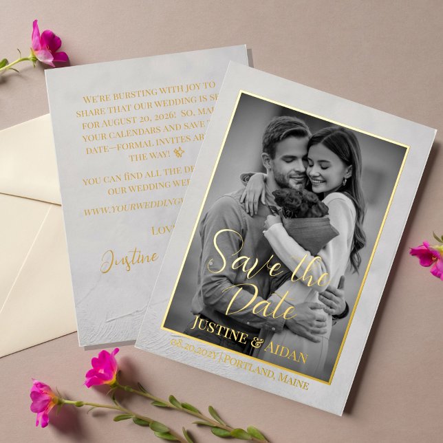 Elegant Grey-Gold Script with Photo Save the Date (Creator Uploaded)