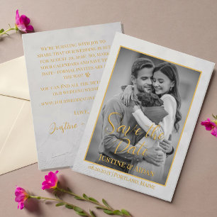 Elegant Grey & Gold Script with Photo Wedding Save The Date