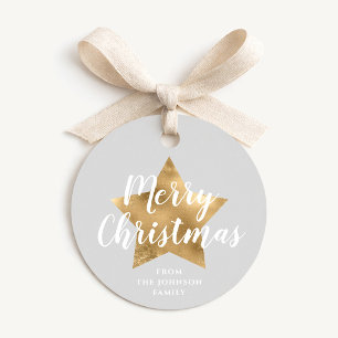 Elegant Grey Gold Star Christmas Favour Tags