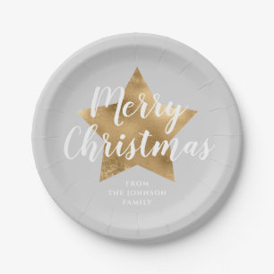 Elegant Grey Gold Star Merry Christmas Paper Plate