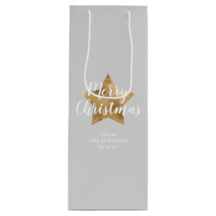 Elegant Grey Gold Star Merry Christmas Wine Gift Bag