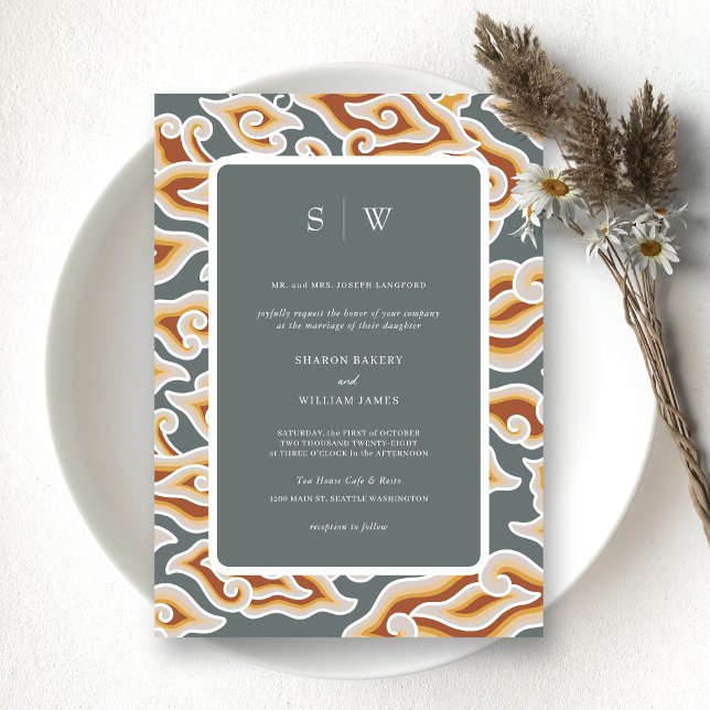 Elegant Grey & Gold Waves Monogram Wedding Invitation (Personalized Vibrant Batik Symphony A Multicolor Wedding Invitation)