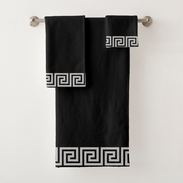 Elegant Grey Greek Frame Pattern on Black Bath Towel Set (Insitu)