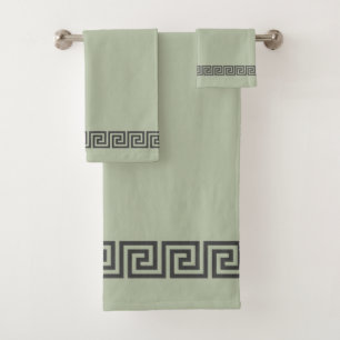 Elegant Grey Greek Pattern on Sage Green Bath Towel Set
