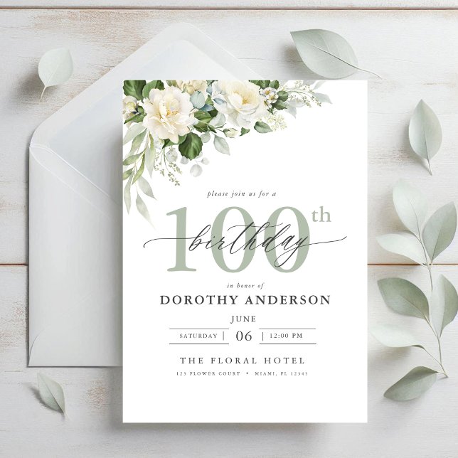 Elegant Grey Green Floral 100th Birthday Invitation (Creator Uploaded)