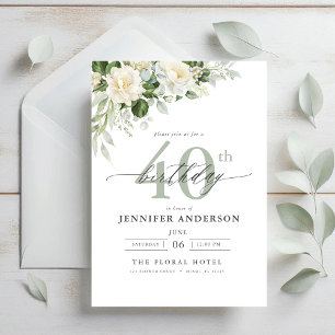 Elegant Grey Green Floral 40th Birthday Invitation