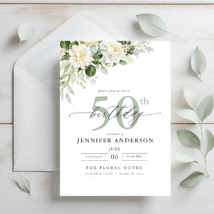 Elegant Grey Green Floral 50th Birthday Invitation