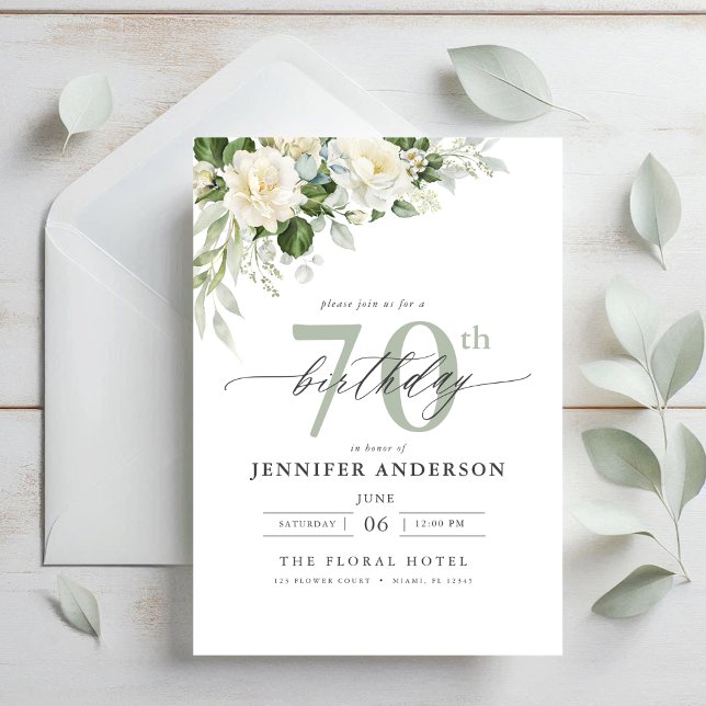 Elegant Grey Green Floral 70th Birthday Invitation (Creator Uploaded)
